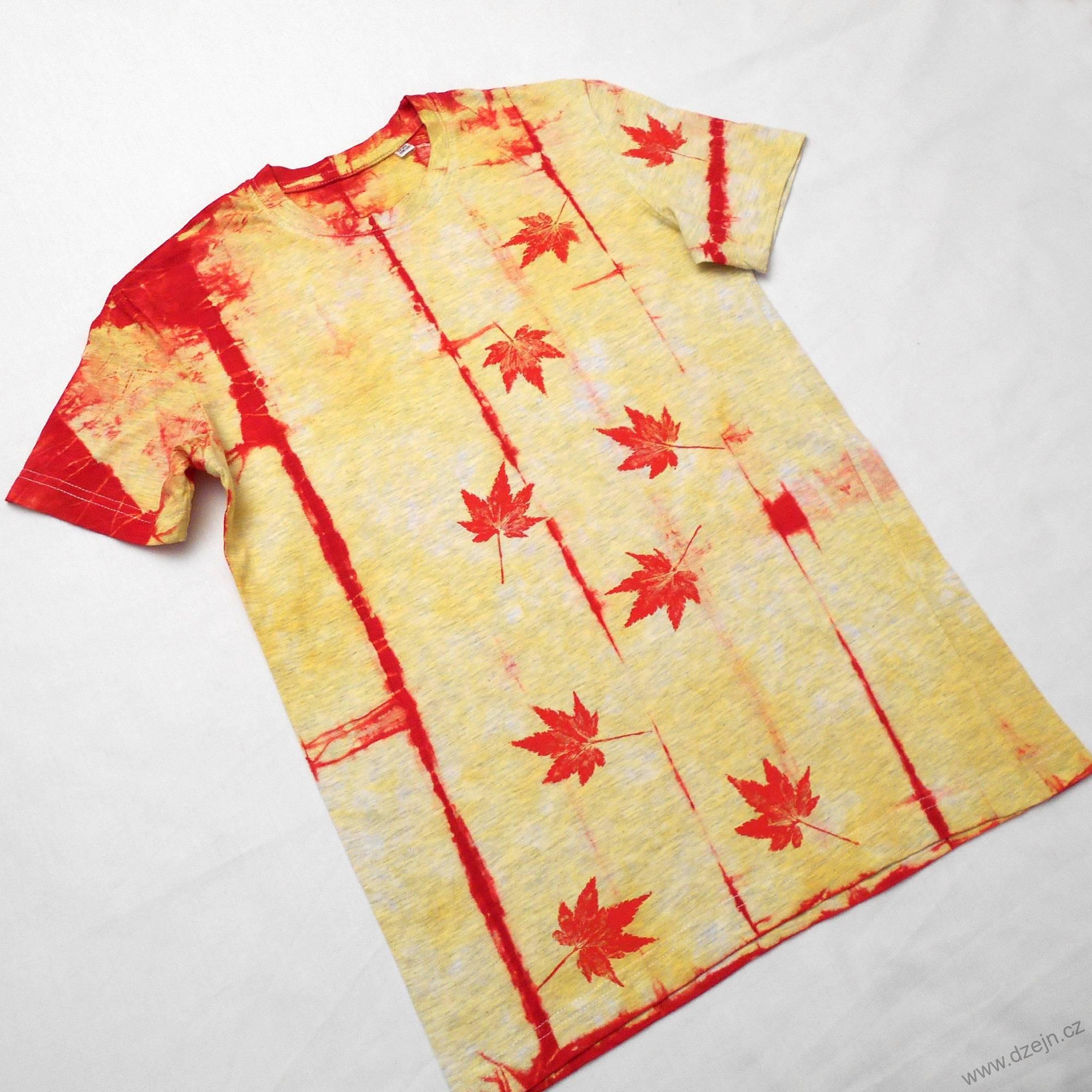 Dětské šedo-žluto-červené triko s listy (12 let)