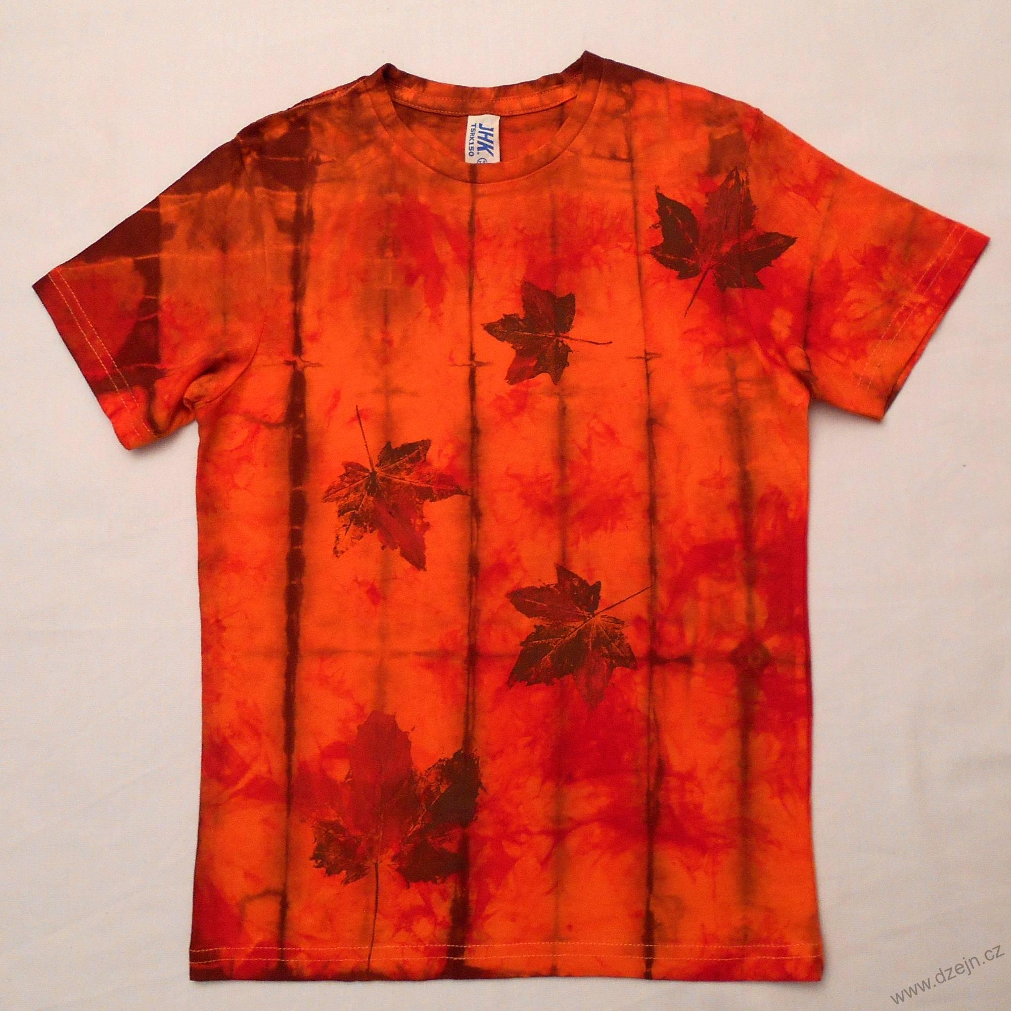 Oranžovo-červeno-hnědé batikované triko s listy M