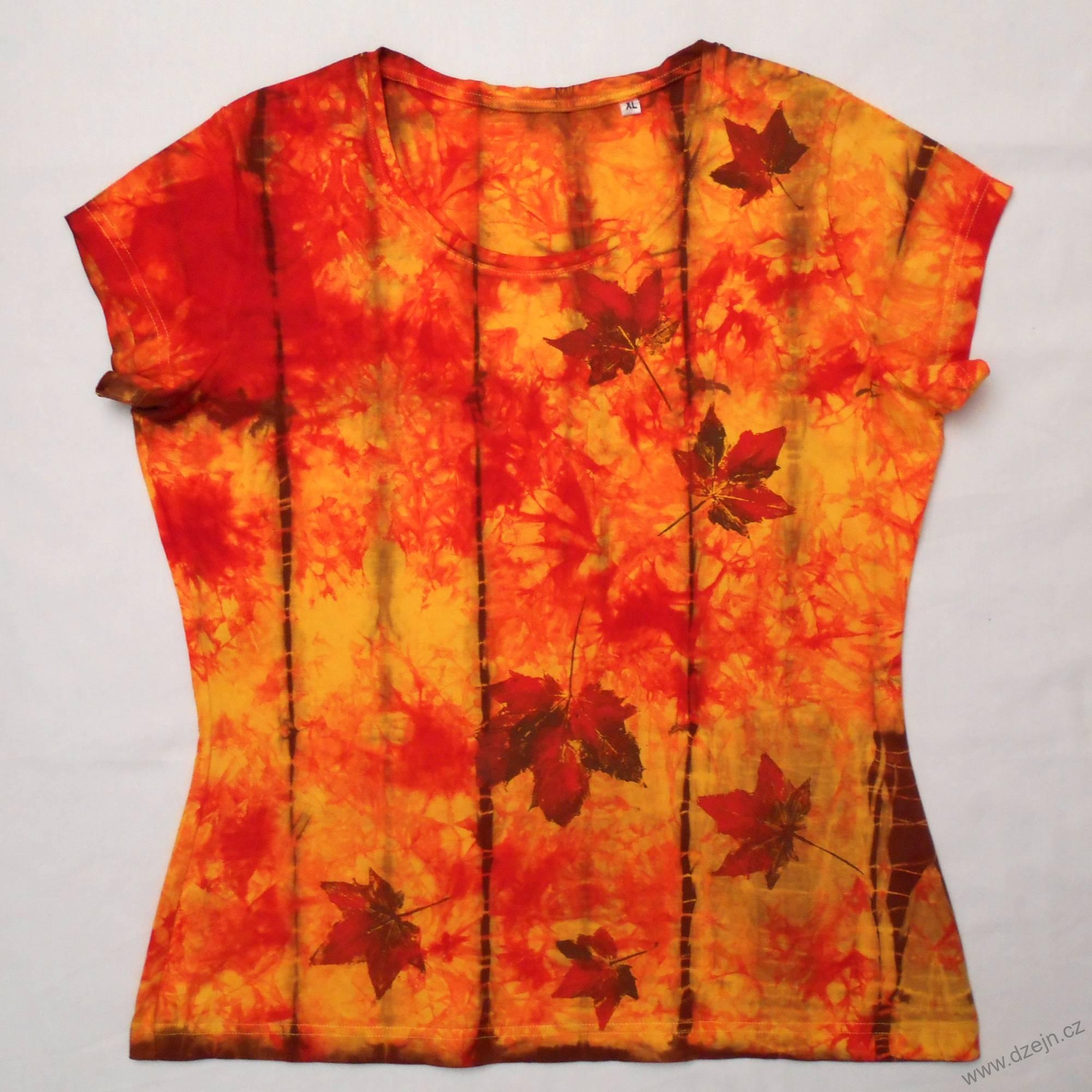 Žluto-červeno-hnědé batikované dámské triko s listy XL