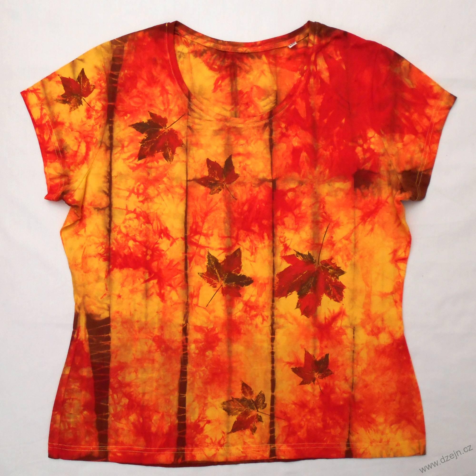 Žluto-červeno-hnědé batikované dámské triko s listy XXL