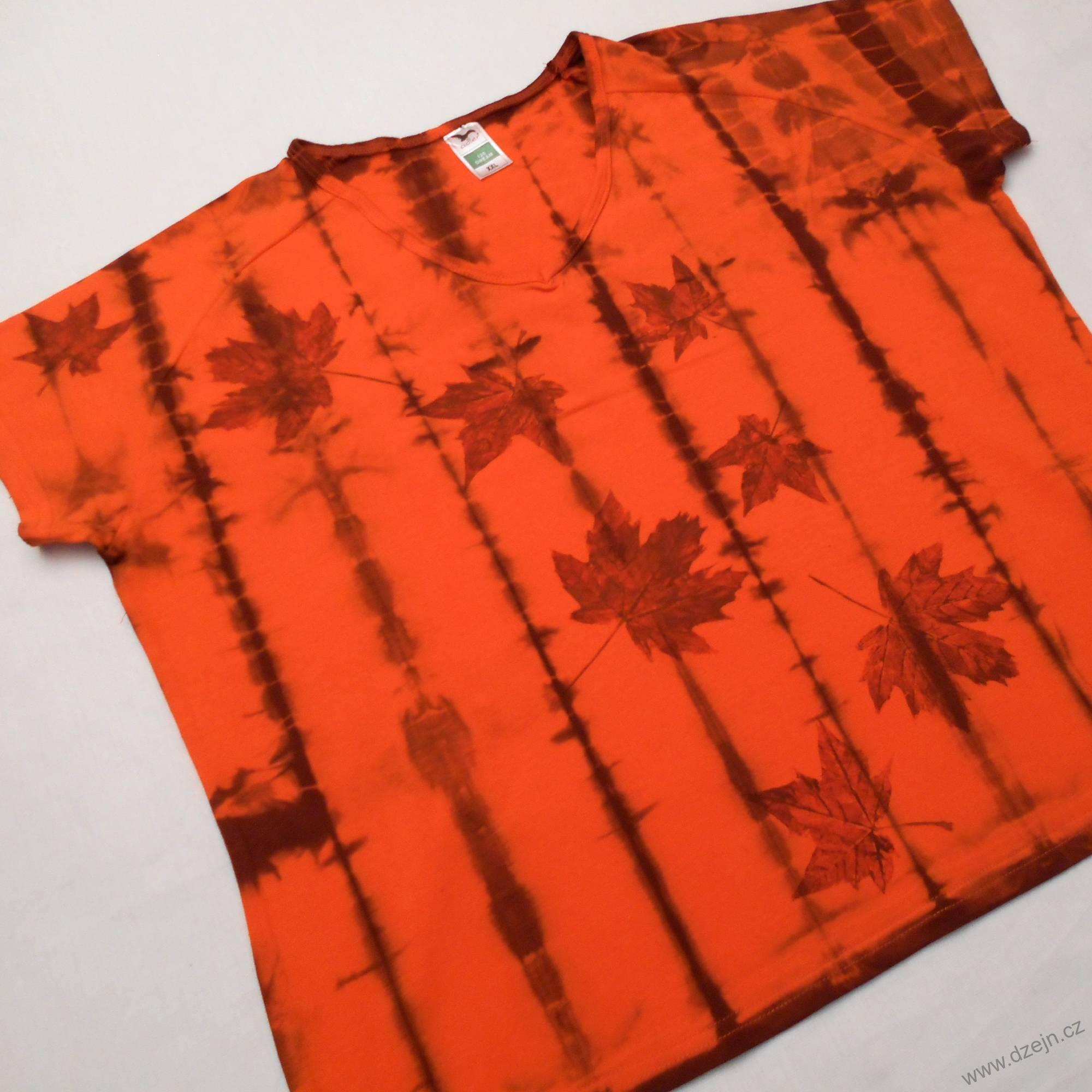 Oranžovo-hnědé batikované dámské triko s listy XXL