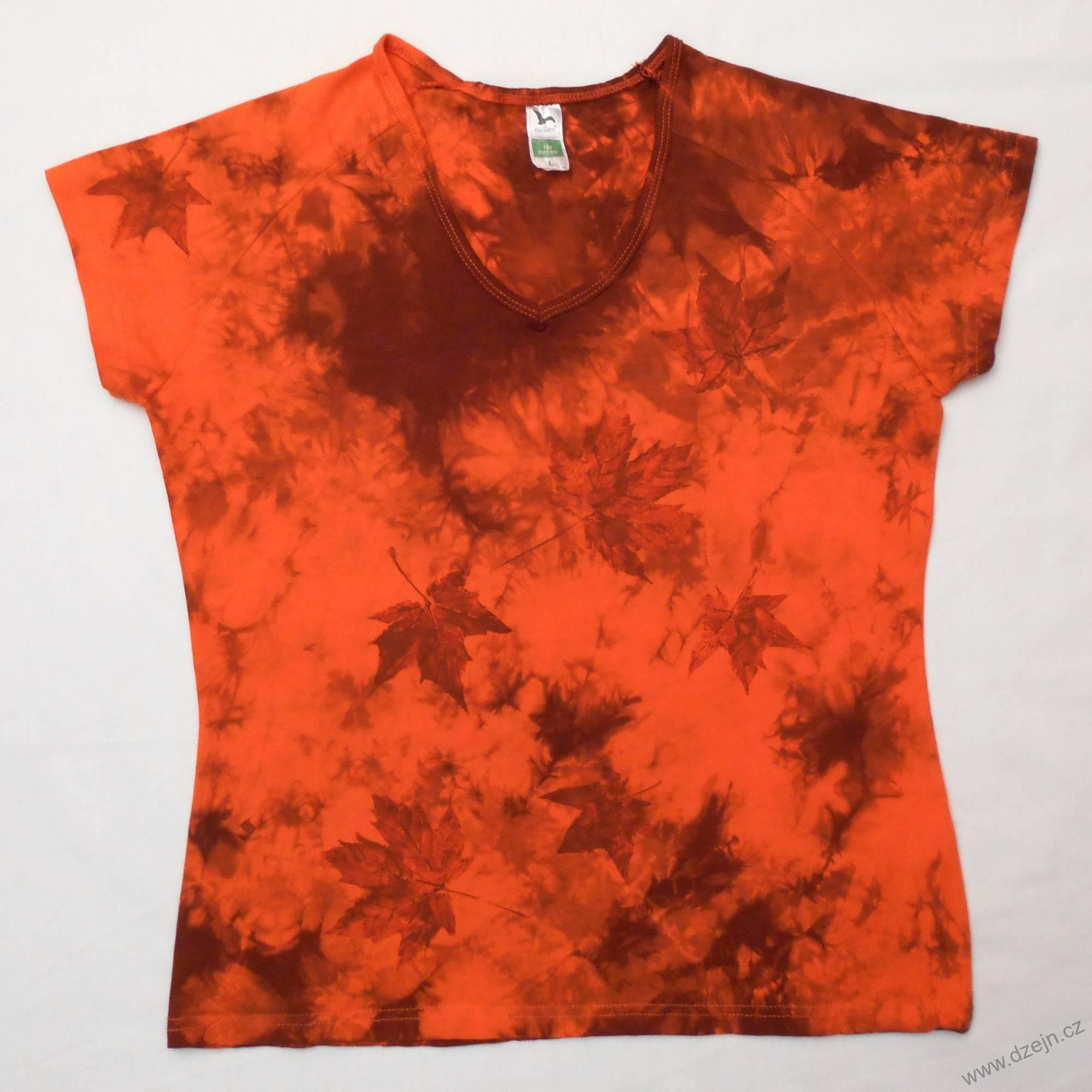 Oranžovo-hnědé batikované dámské triko s listy L