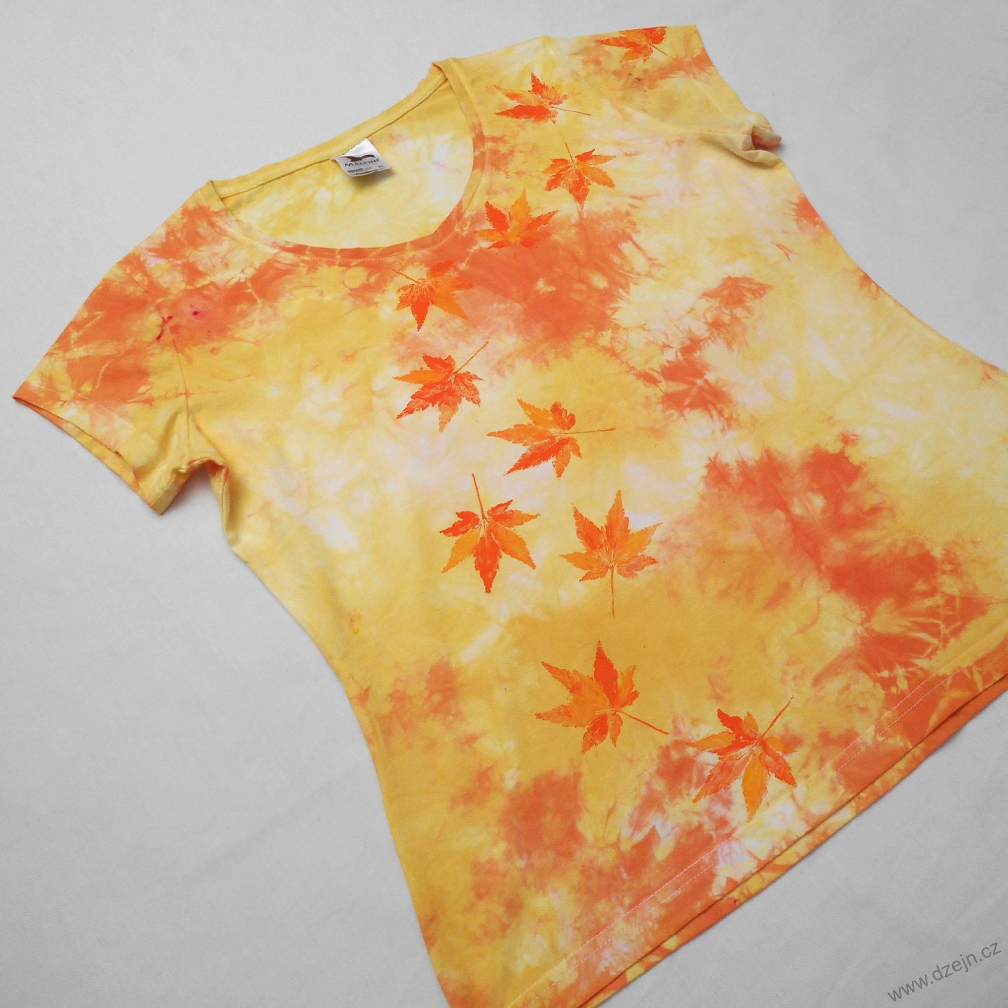 Bílo-žluto-oranžové batikované dámské triko s listy XL