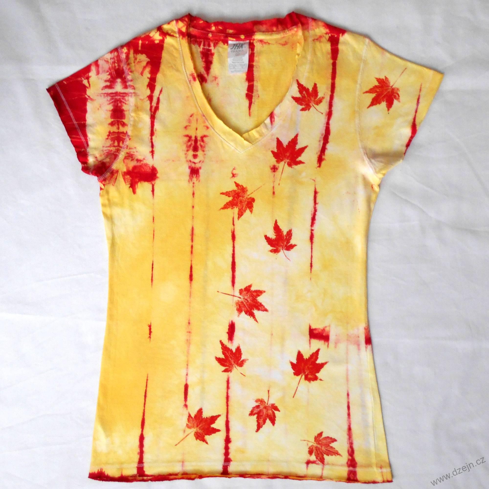 Bílo-žluto-červené batikované dámské triko s listy L