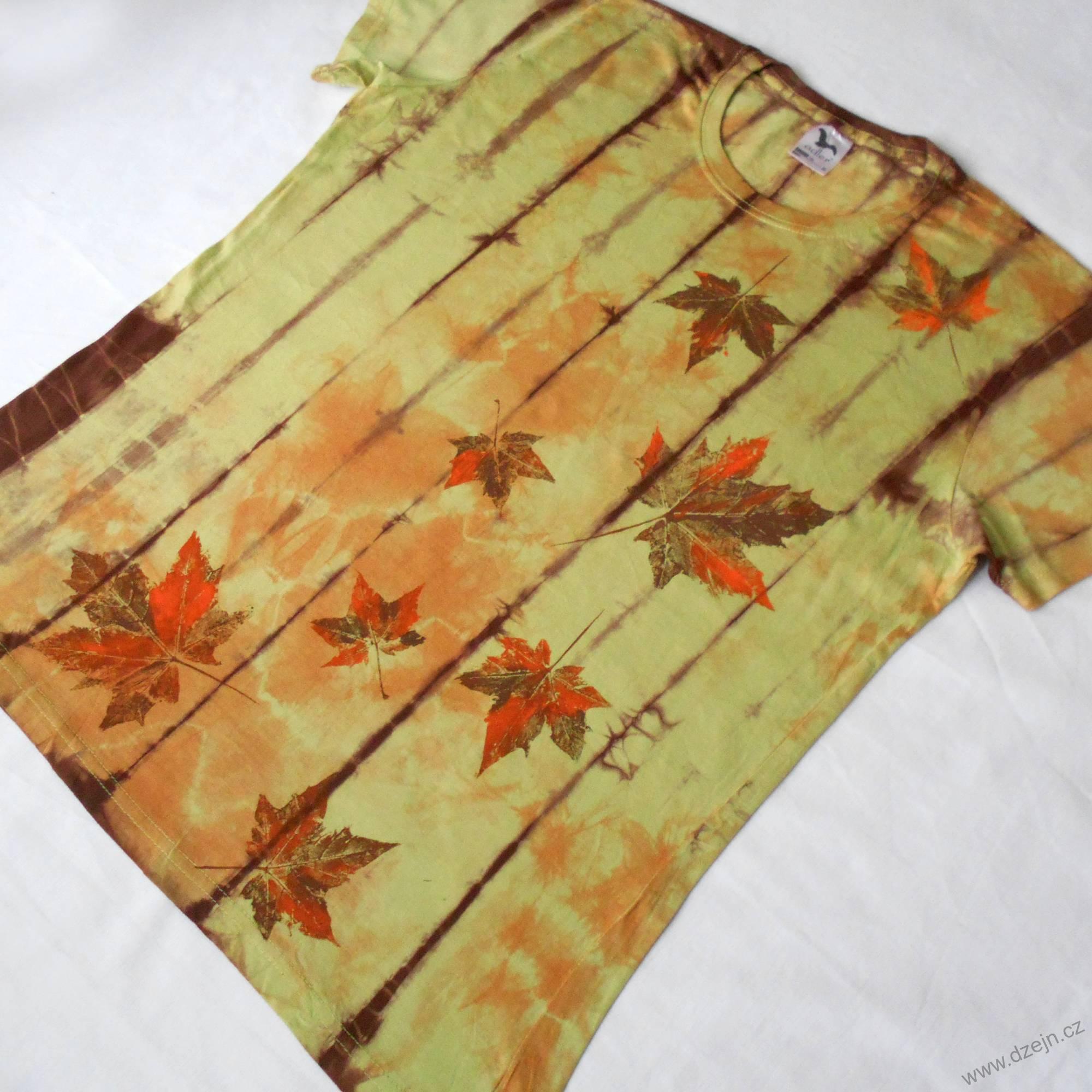 Zeleno-oranž.-hnědé batik. dámské triko s listy XXL