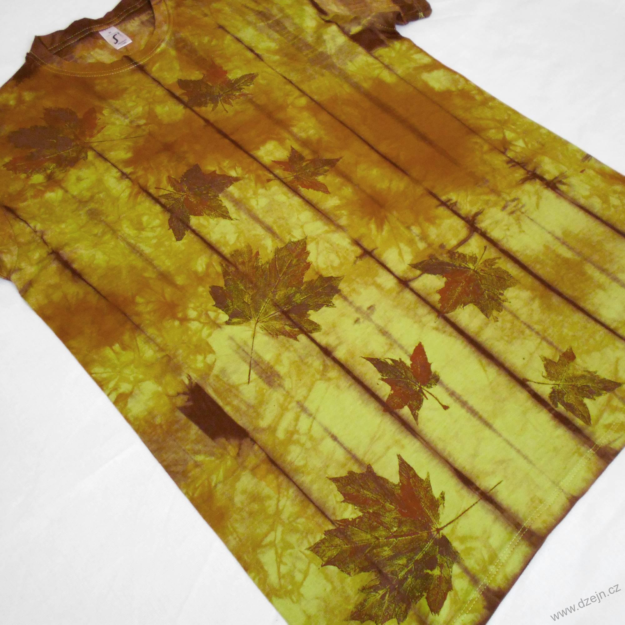 Zeleno-hnědé batikované triko s listy M