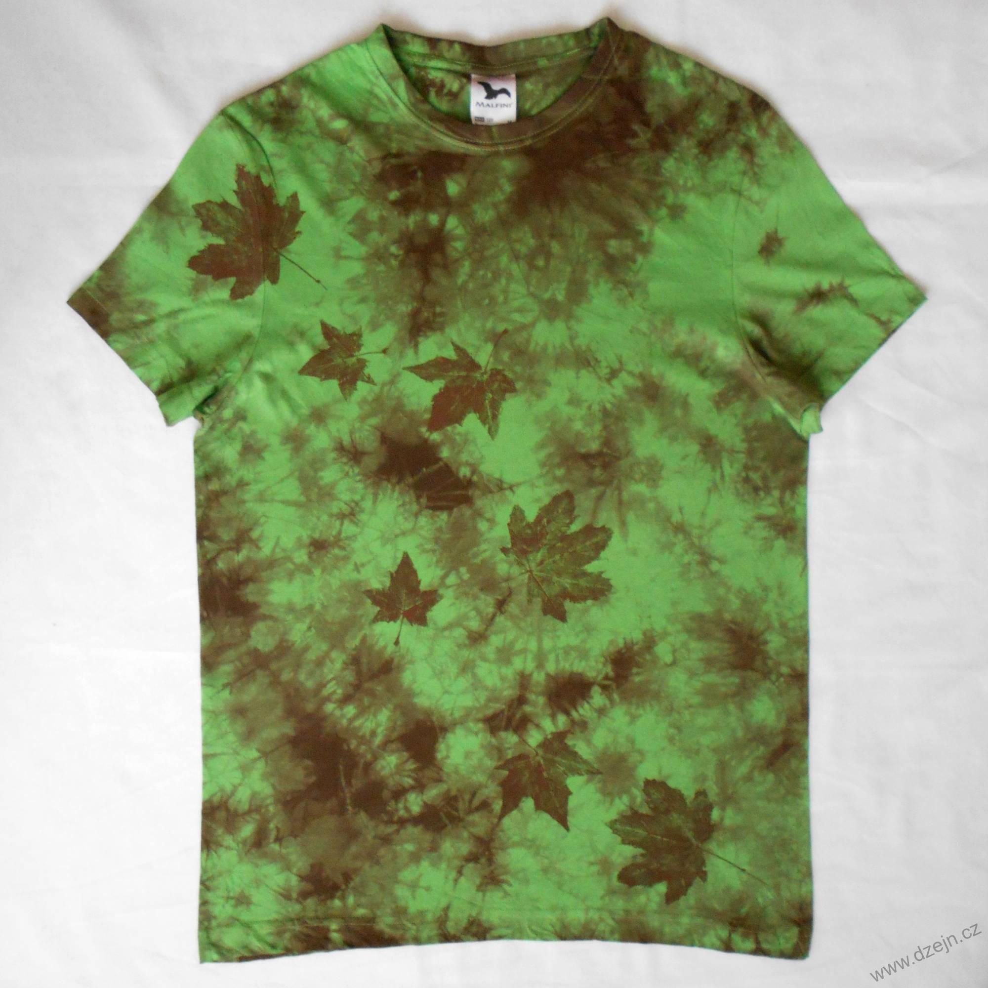 Zeleno-hnědé batikované triko s listy M