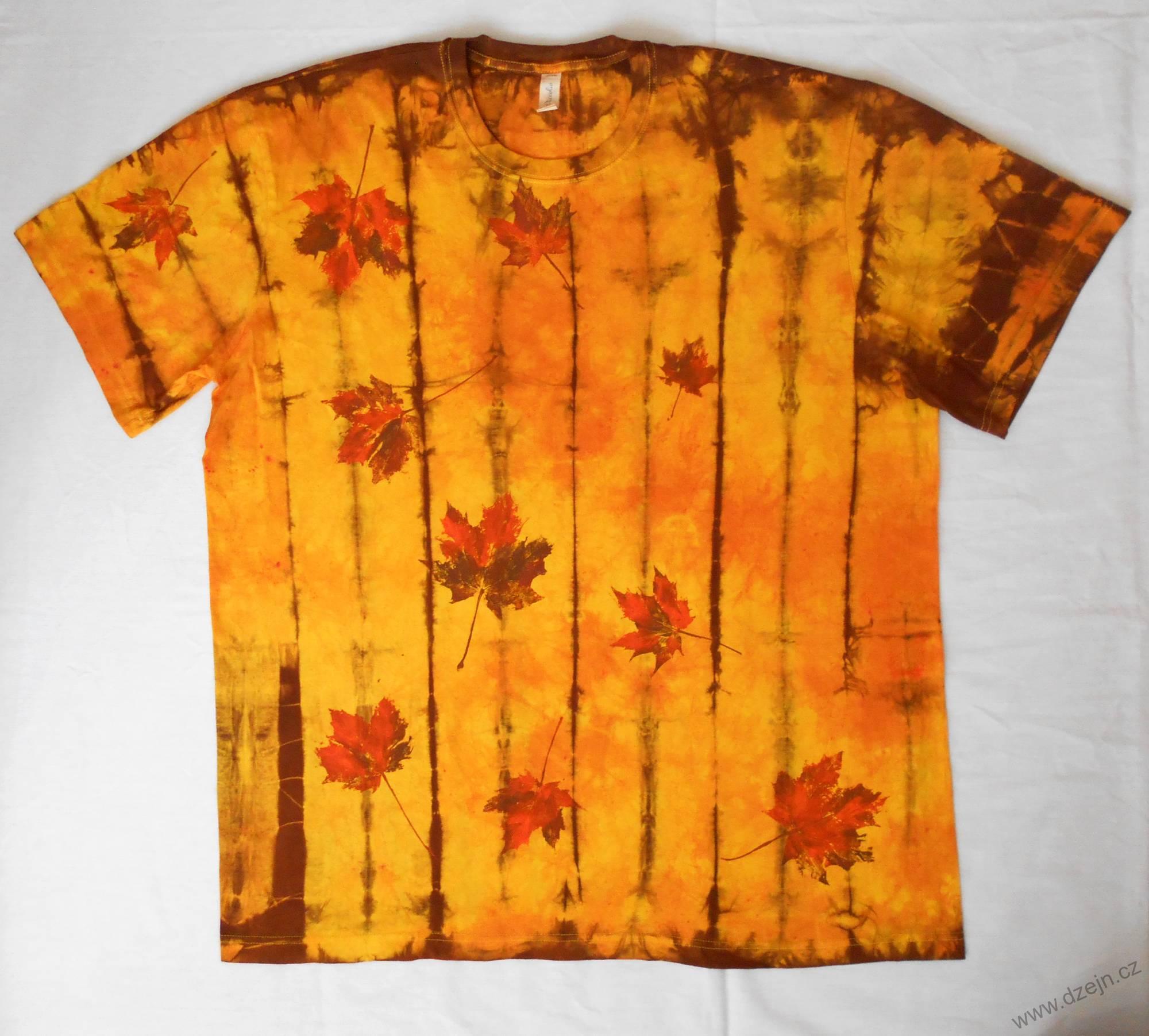 Žluto-oranžovo-hnědé batikované triko s listy 4XL