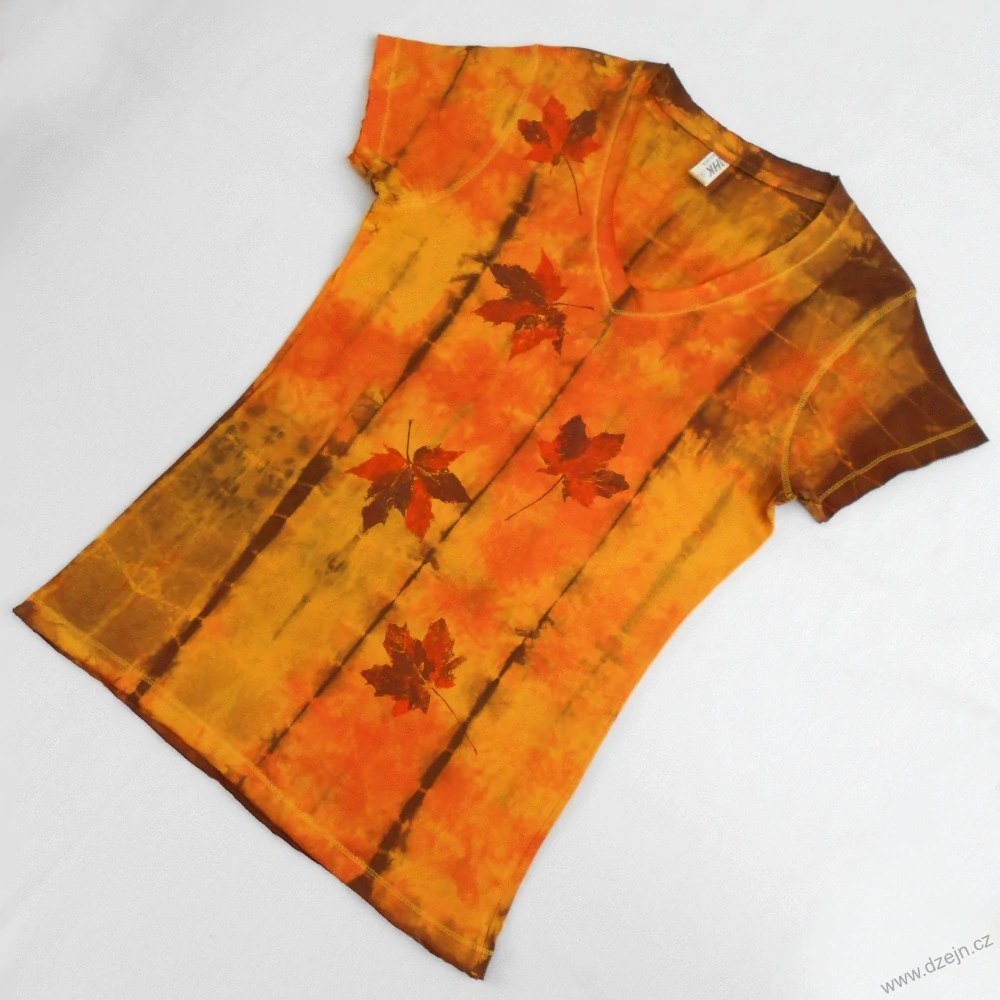 Žluto-oranžovo-hnědé batikované dámské triko s listy XL