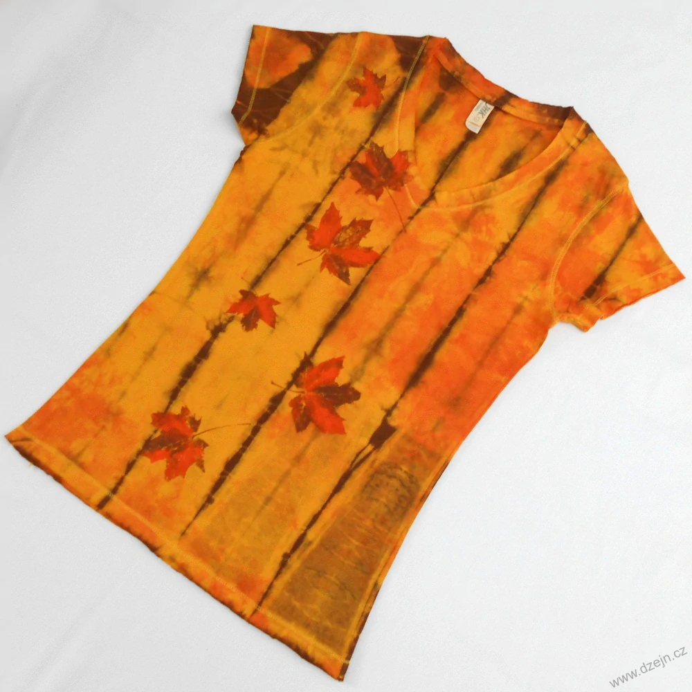 Žluto-oranžovo-hnědé batikované dámské triko s listy L
