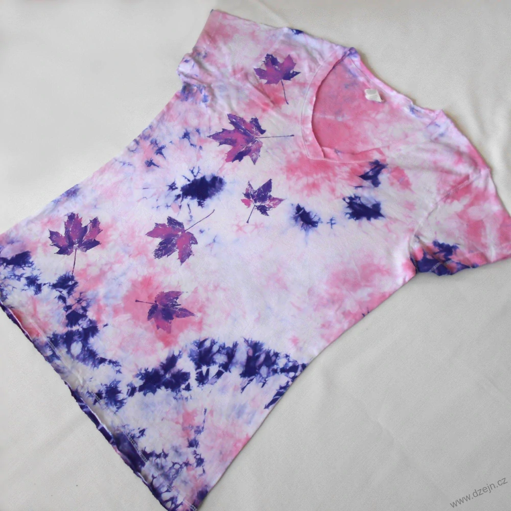 Bílo-růžovo-fialové dámské triko s listy XL