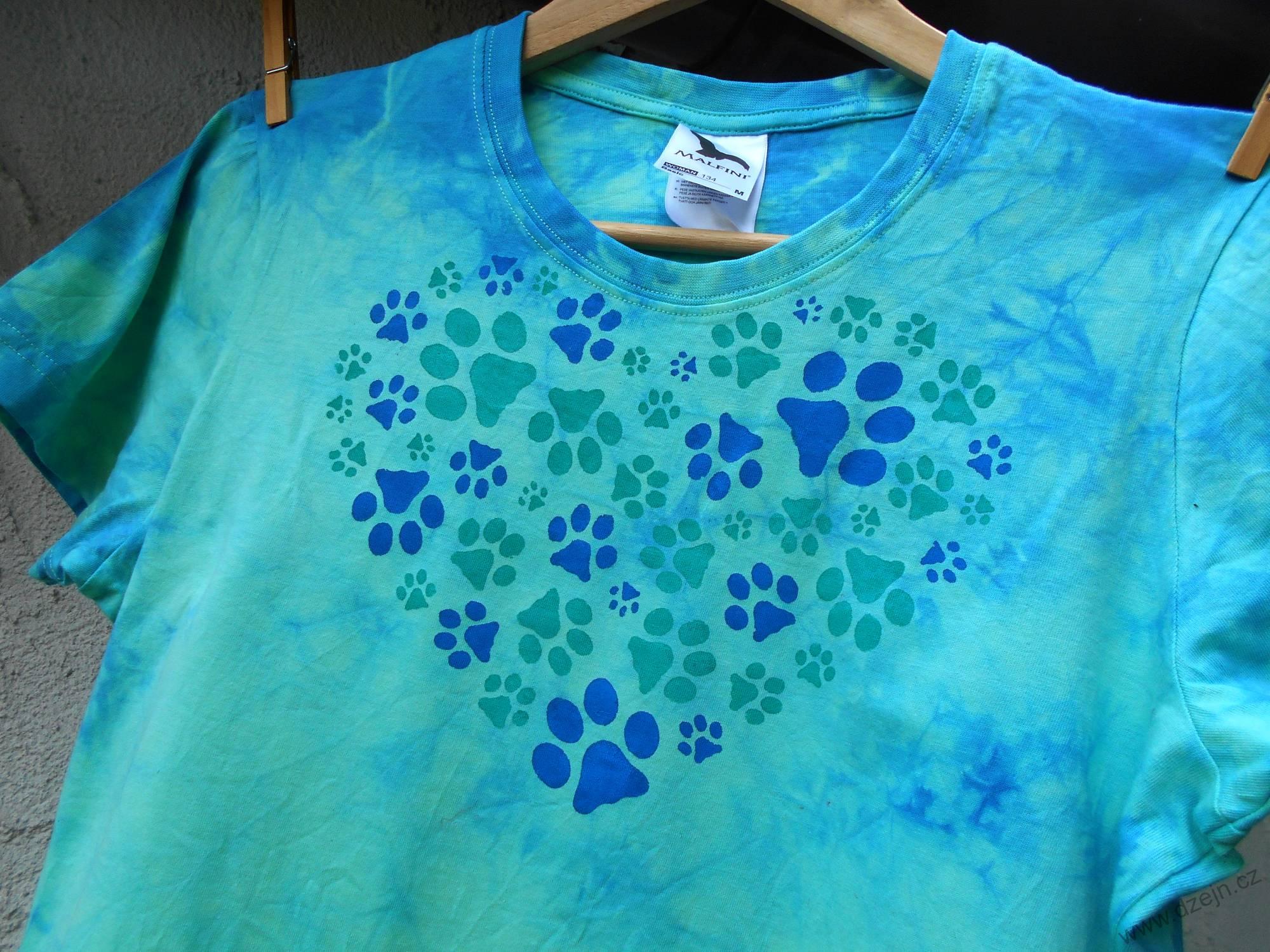 Mentolovo-modré dámské triko s kočičími stopami M