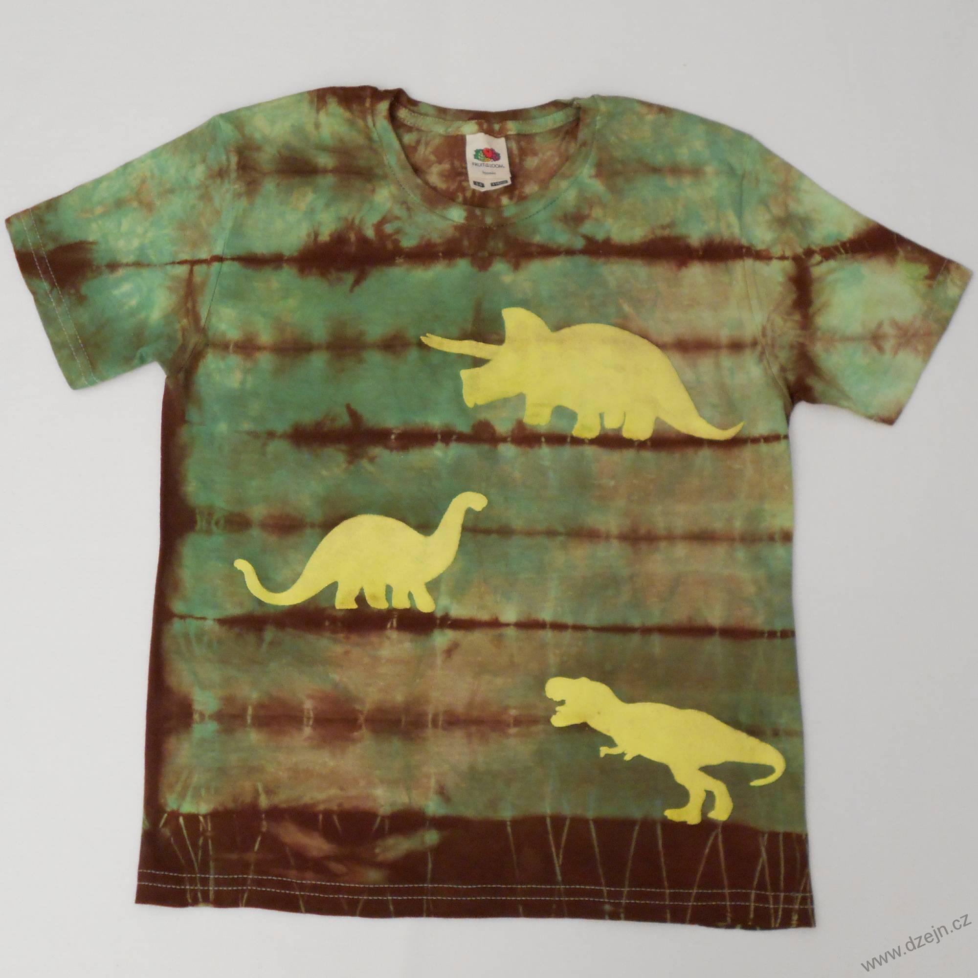 Zeleno-hnědé dětské tričko s dinosaury (5-6 let)