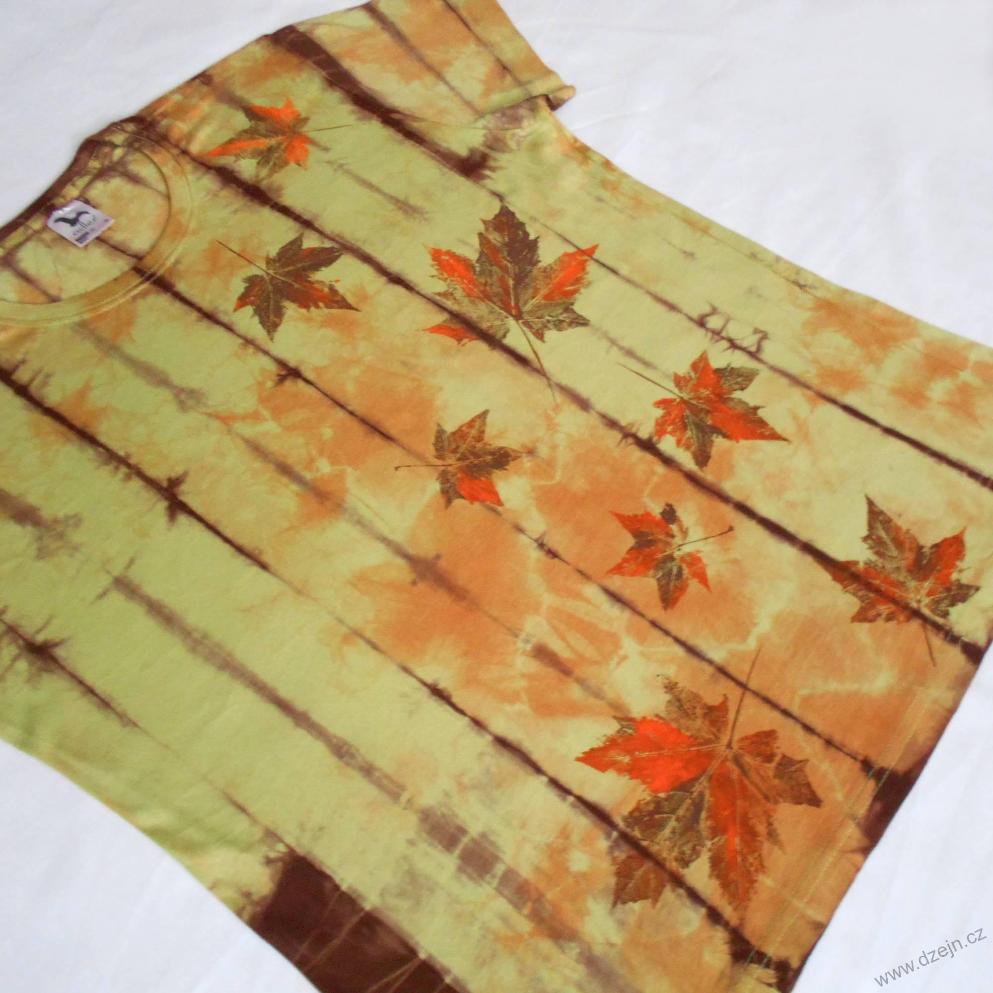 Zeleno-oranž.-hnědé batik. dámské triko s listy XXL