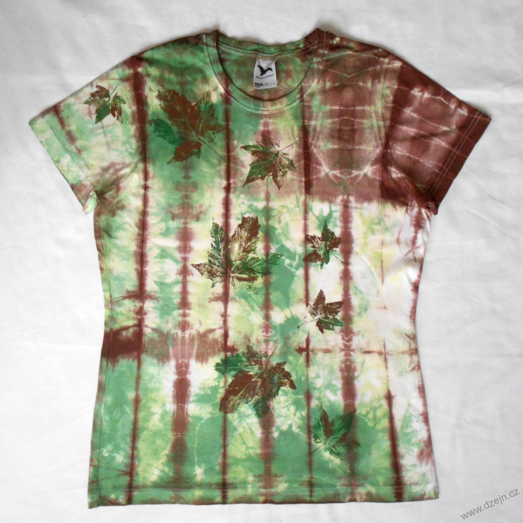 Bílo-zeleno-hnědé dámské triko s listy L