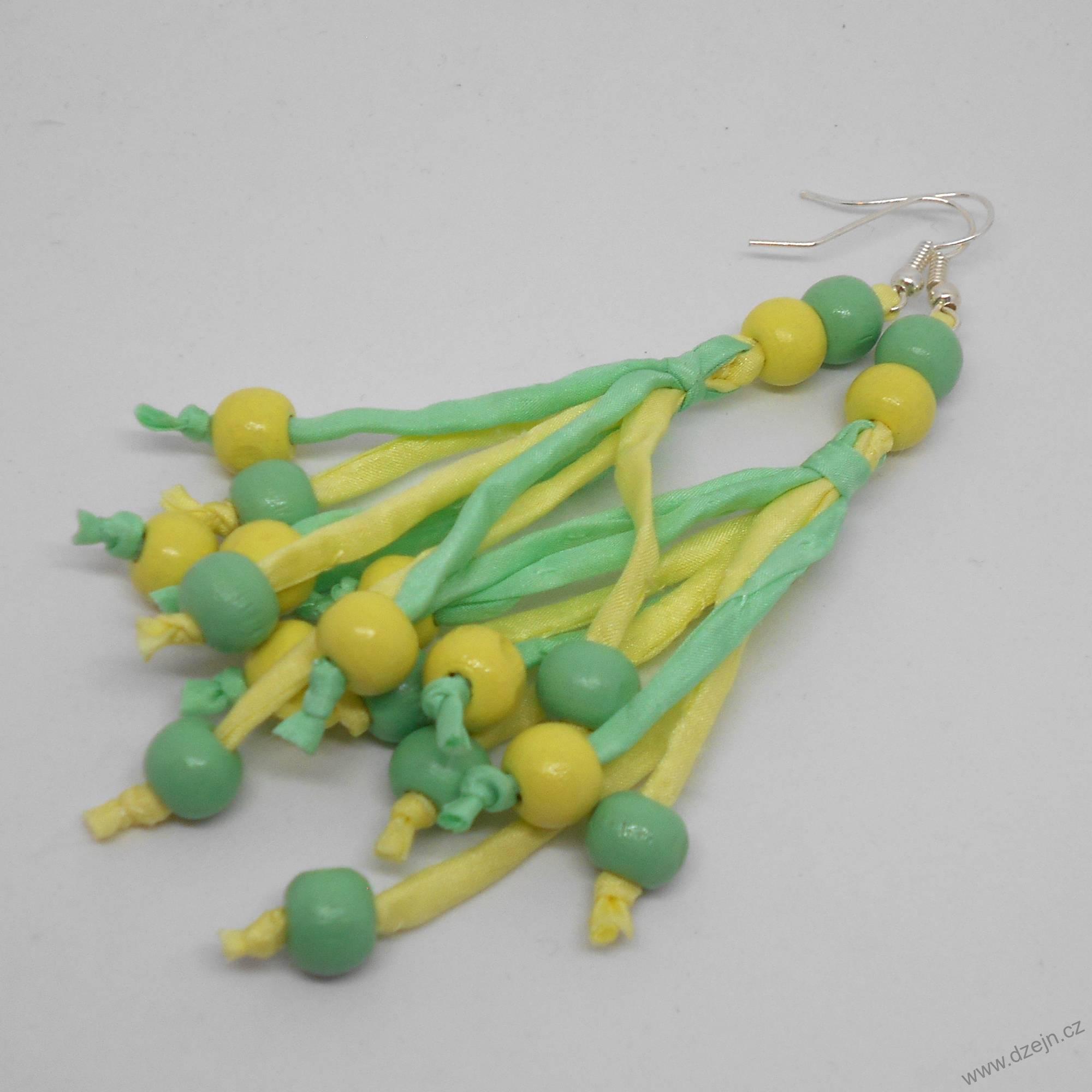 Žluto-mentolové náušnice hedvábí-dřevo