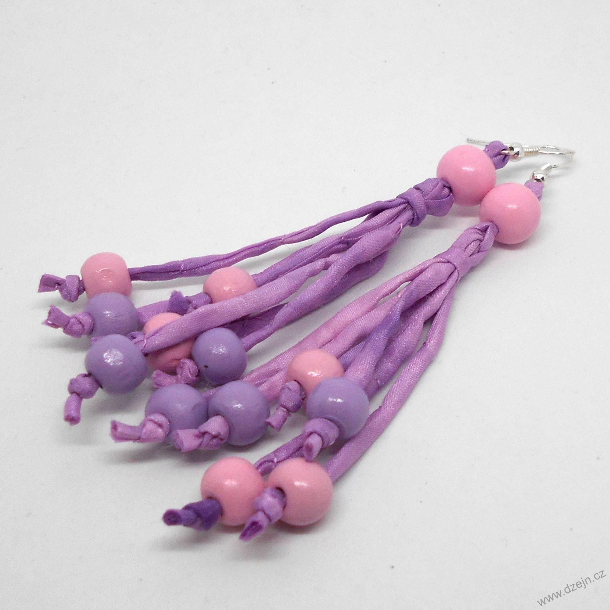 Růžovo-fialové náušnice hedvábí-dřevo