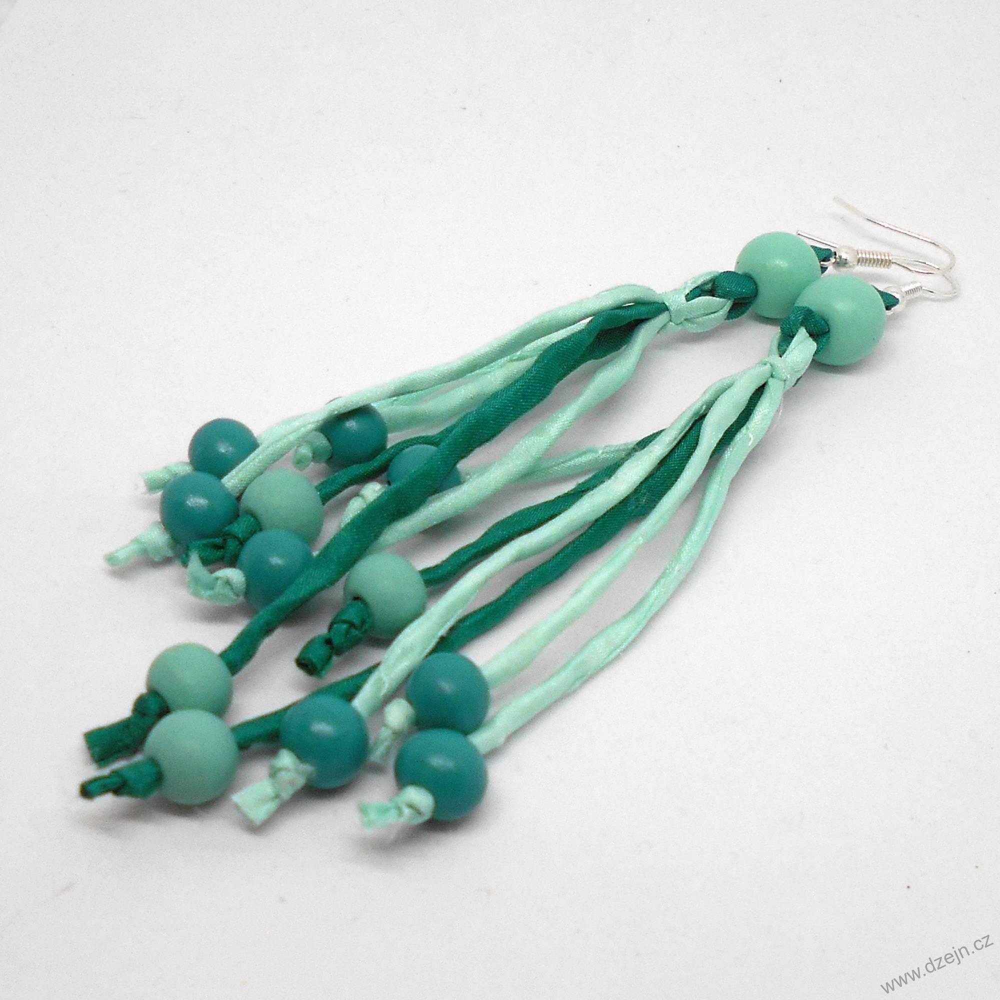Mentolovo-smaragdové náušnice hedvábí-dřevo