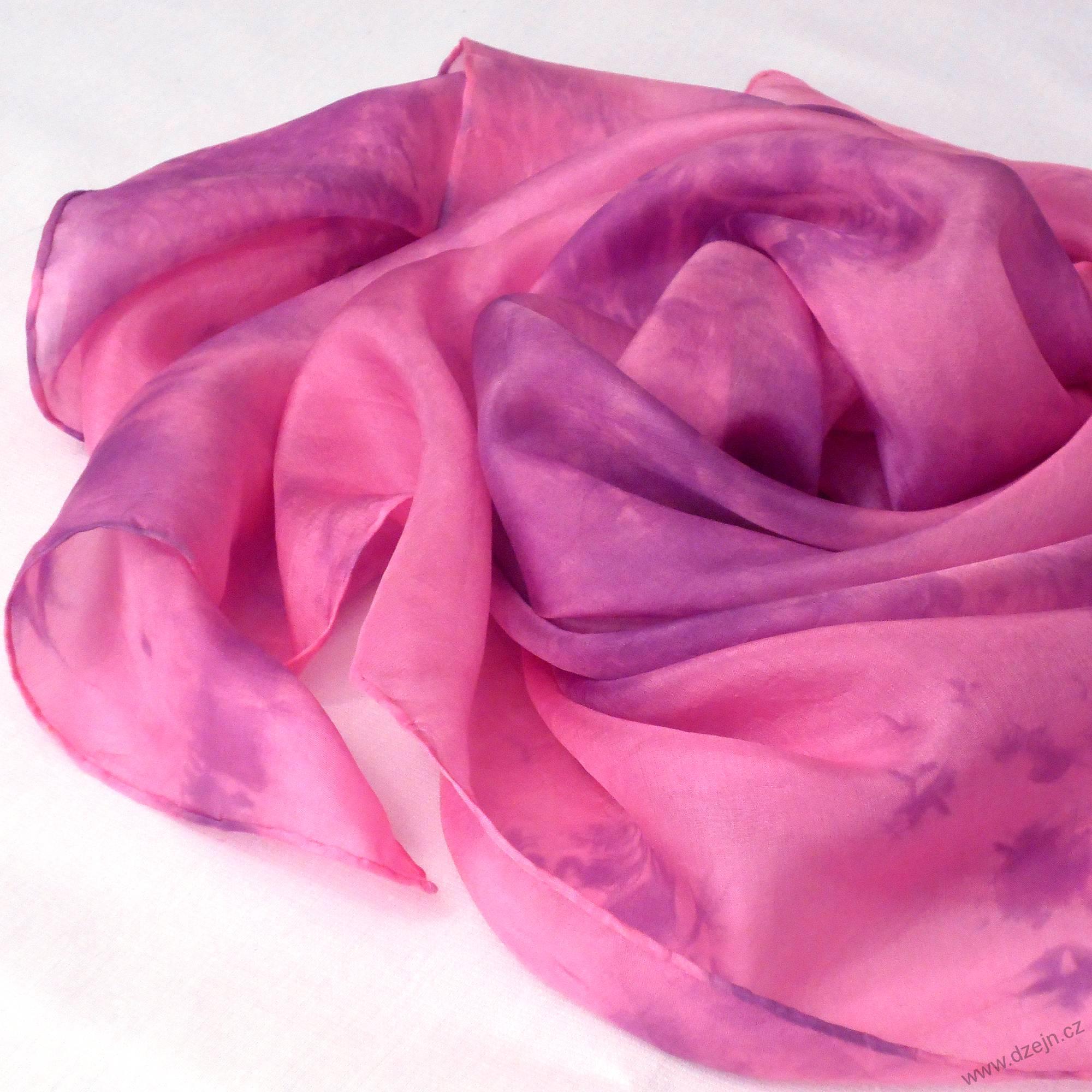 Batikovaný hedvábný šátek růžovo-fialový světlejší