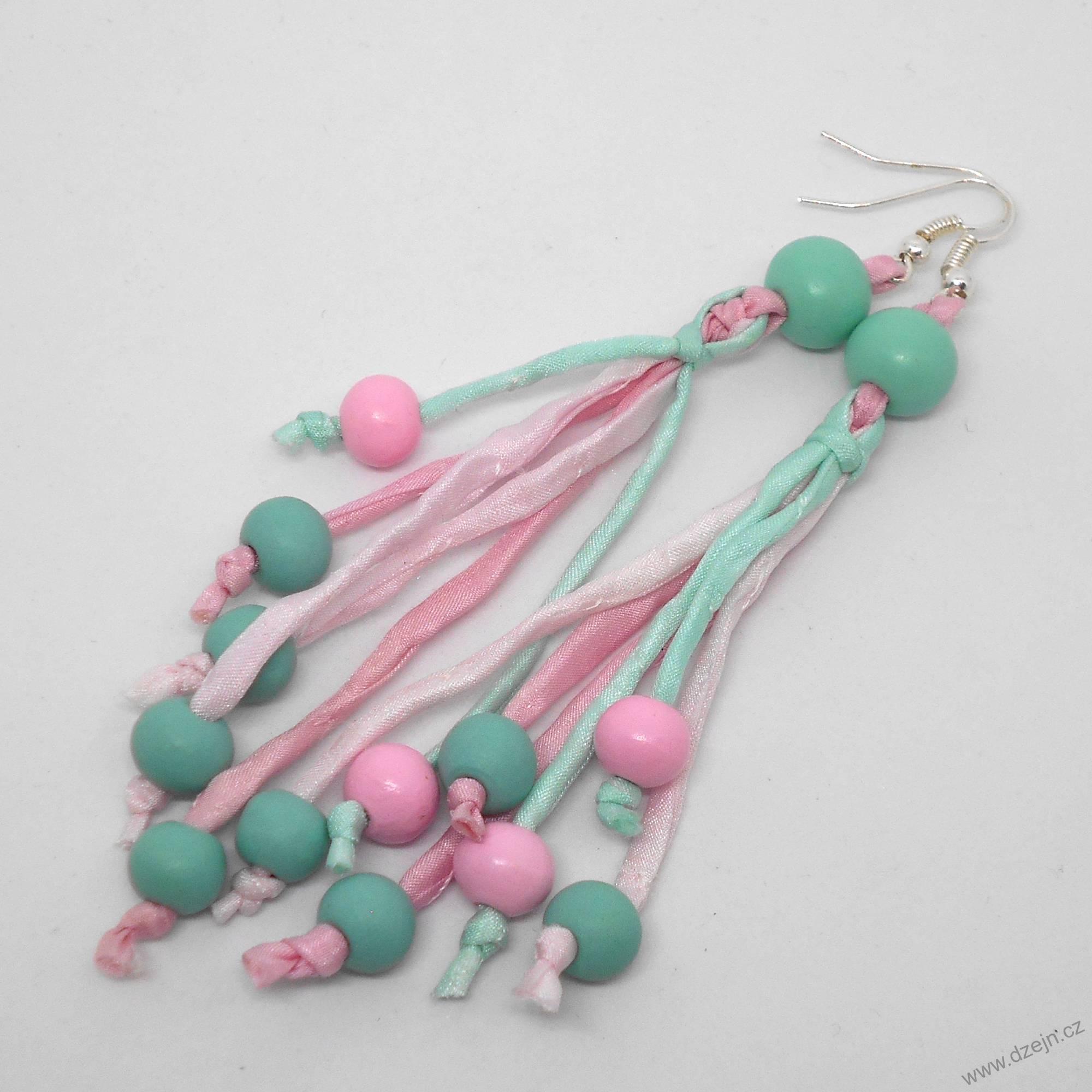 Mentolovoo-růžové náušnice hedvábí-dřevo