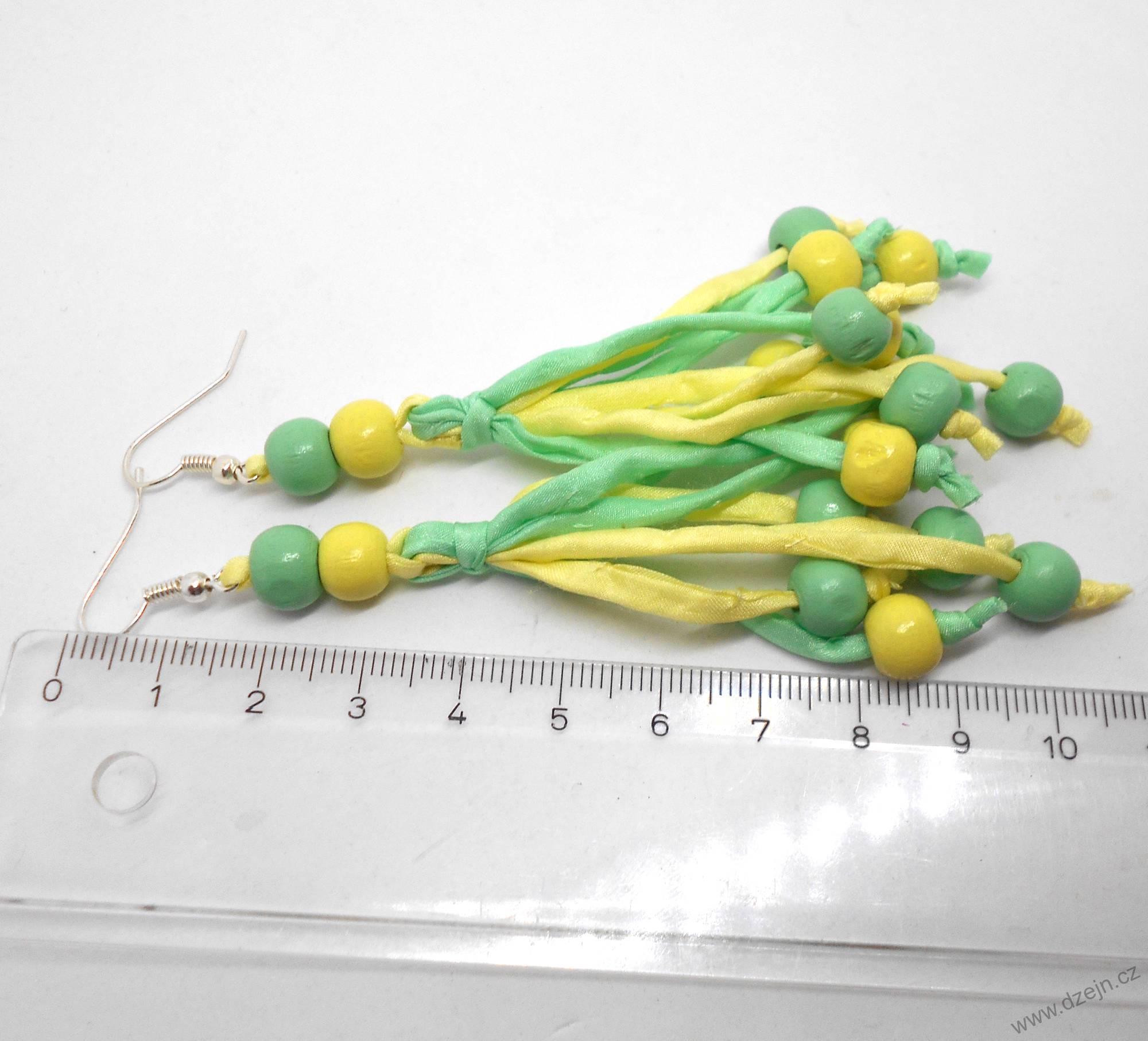 Žluto-mentolové náušnice hedvábí-dřevo