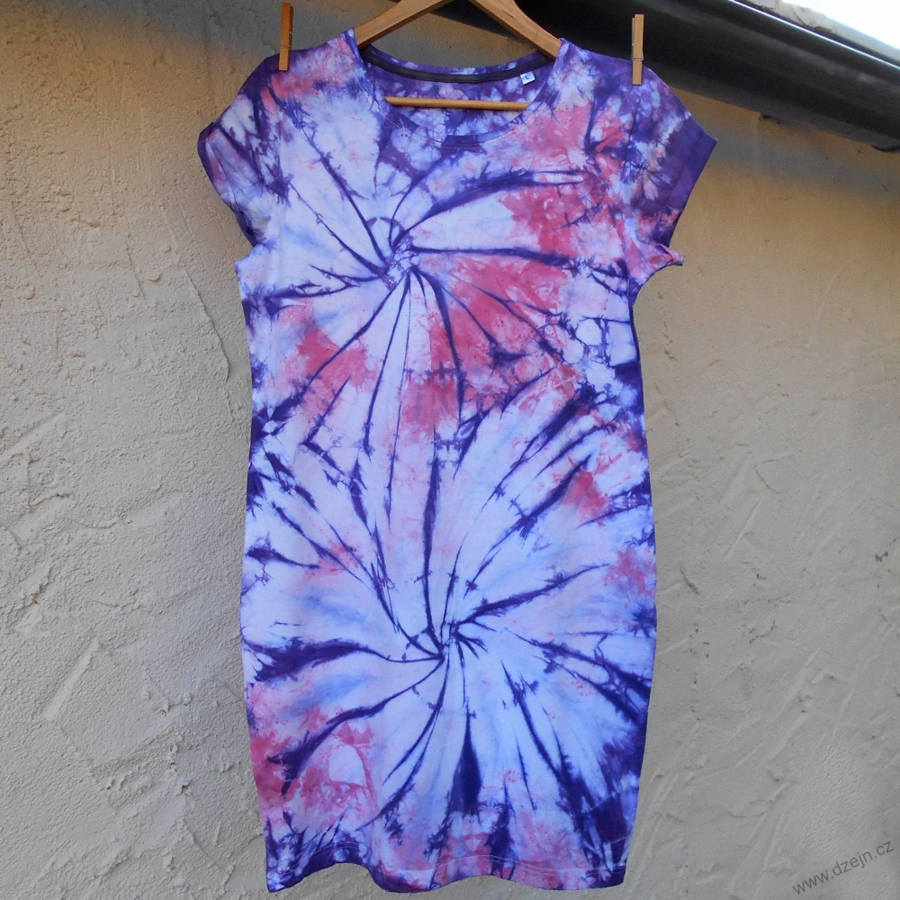 Bílo-růžovo-fialové dámské batikované šaty