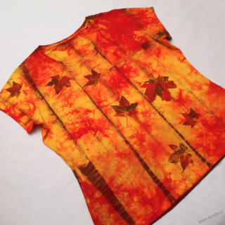 Žluto-červeno-hnědé batikované dámské triko s listy XXL