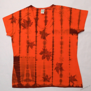 Oranžovo-hnědé batikované dámské triko s listy XL