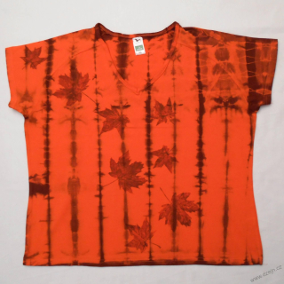 Oranžovo-hnědé batikované dámské triko s listy XXL