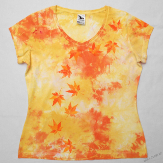 Bílo-žluto-oranžové batikované dámské triko s listy XL