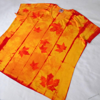 Žluto-oranžovo-červené batikované dámské triko s listy XXL