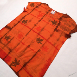 Oranžovo-červeno-hnědé batikované dámské triko s listy S