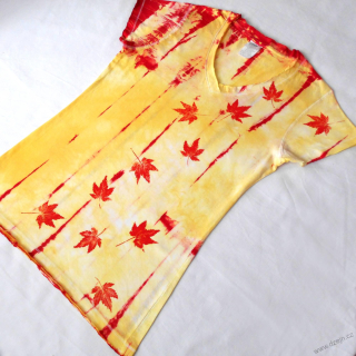 Bílo-žluto-červené batikované dámské triko s listy L