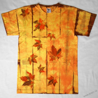 Žluto-oranžovo-hnědé batikované triko s listy S