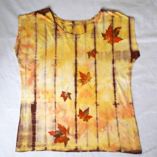 Bílo-žluto-oranžovo-hnědé batikované dámské triko s listy 5XL
