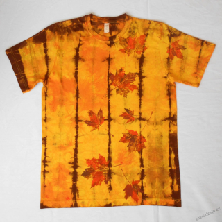 Žluto-oranžovo-hnědé batikované triko s listy M