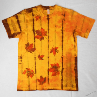 Žluto-oranžovo-hnědé batikované triko s listy M