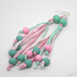 Mentolovoo-růžové náušnice hedvábí-dřevo