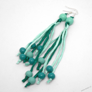 Mentolovo-smaragdové náušnice hedvábí-dřevo