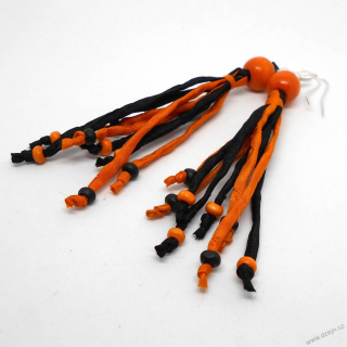 Oranžovo-černé náušnice hedvábí-dřevo