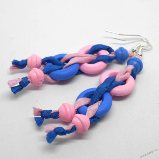 Růžovo-modré náušnice hedvábí-dřevo