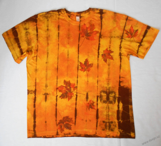 Žluto-oranžovo-hnědé batikované triko s listy XL