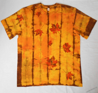 Žluto-oranžovo-hnědé batikované triko s listy XXL