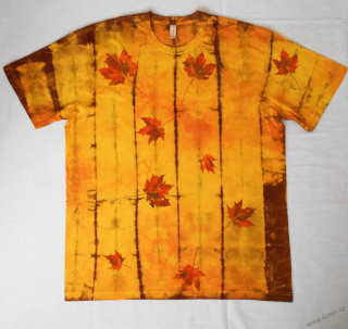 Žluto-oranžovo-hnědé batikované triko s listy 3XL