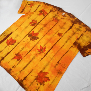 Žluto-oranžovo-hnědé batikované triko s listy 4XL