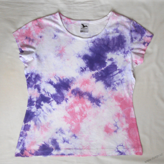 Bílo-růžovo-fialové batikované dámské triko L