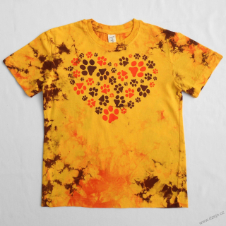 Žluto-oranžovo-hnědé dětské tričko se stopami (6 let)
