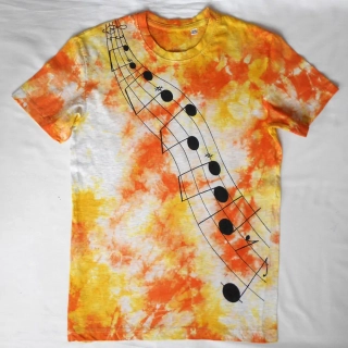 Šedo-žluto-oranžové dětské tričko s notovou osnovou (12 let)