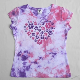 Bílo-růžovo-fialové dámské triko s kočičími stopami M