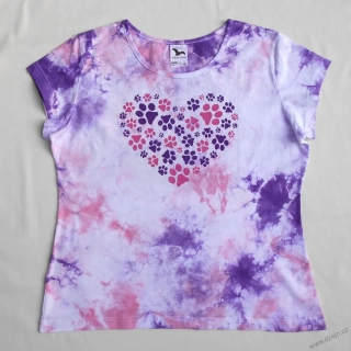 Bílo-růžovo-fialové dámské triko s kočičími stopami XL